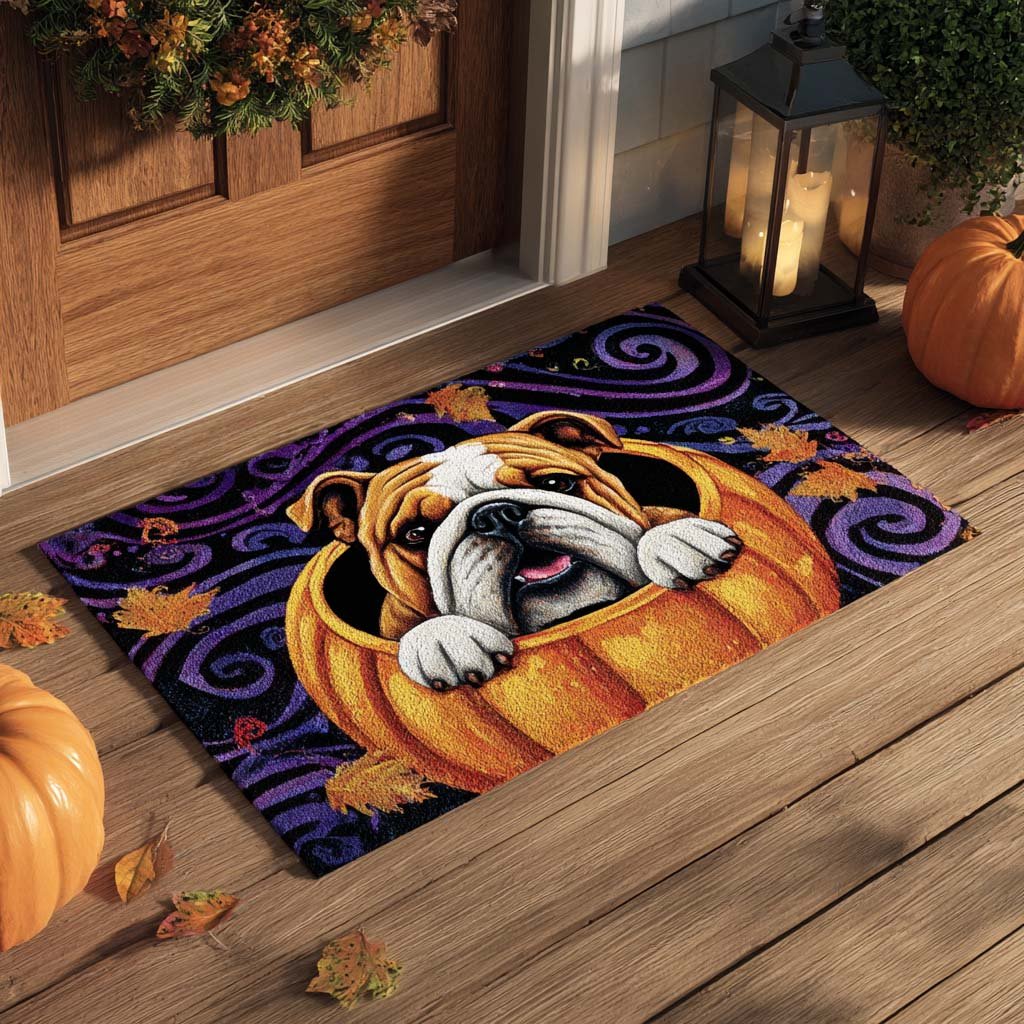 Pumpkin Nest Bulldog Doormat - Seasonal Holiday Design | Printed Welcome Doormat