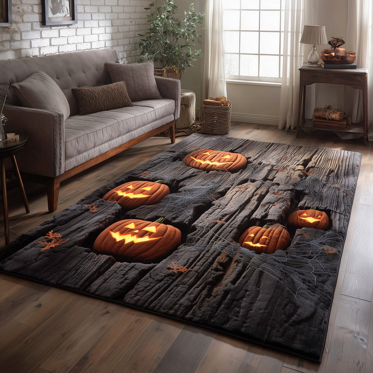 Pumpkin Nightmare area rug in a living room