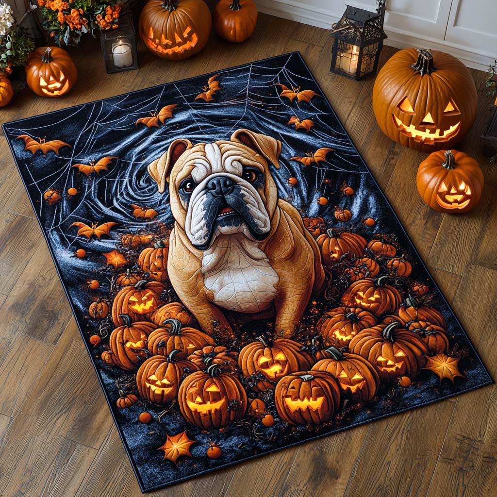 Pumpkin Patch Bulldog area rug in a living room