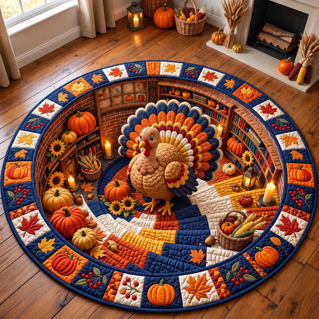 Pumpkin Patch Turkey Round Mat Rug - Seasonal Design | Festive Home Decor - washable non-slip printed rug