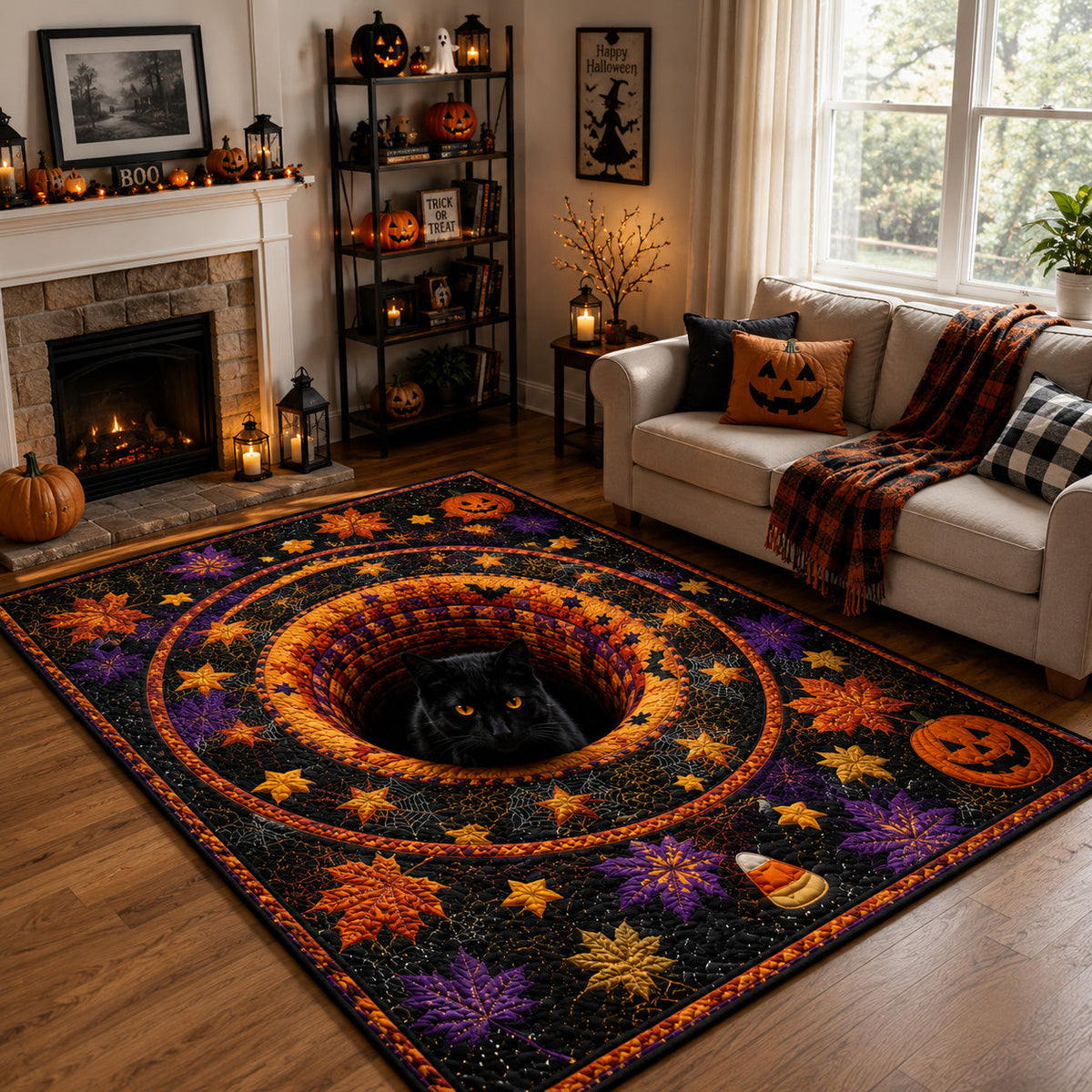 Pumpkin Portal area rug in a living room
