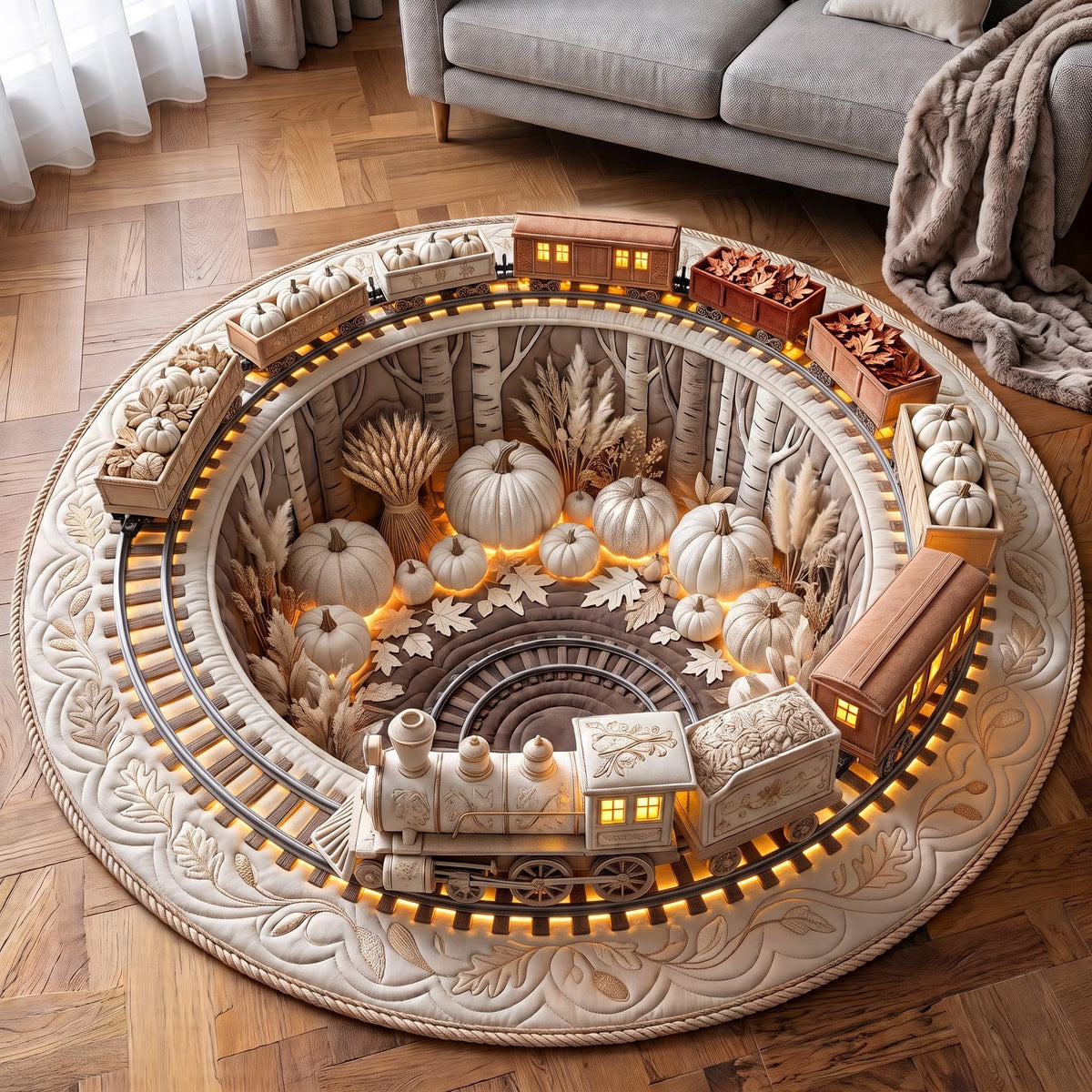 Pumpkin Railway Round Mat Rug - Seasonal Design | Festive Home Decor - washable non-slip printed rug