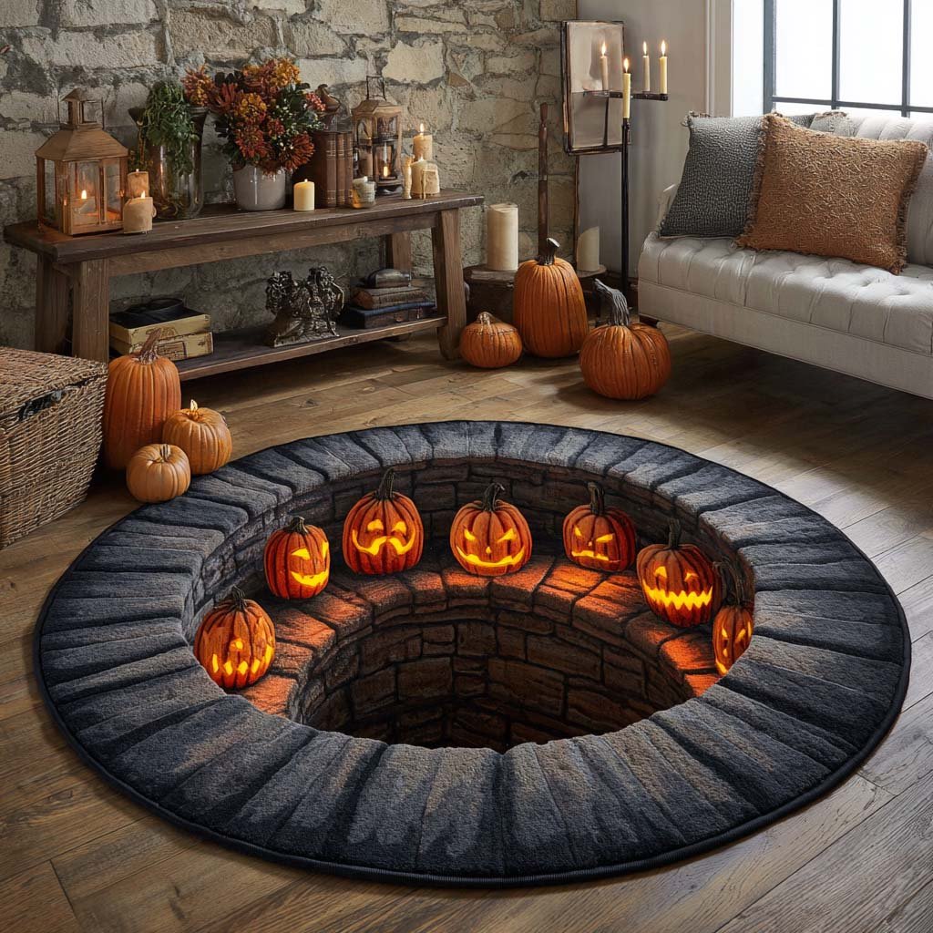 Pumpkin Ring Dungeon Halloween Round Mat Rug - washable non-slip printed rug