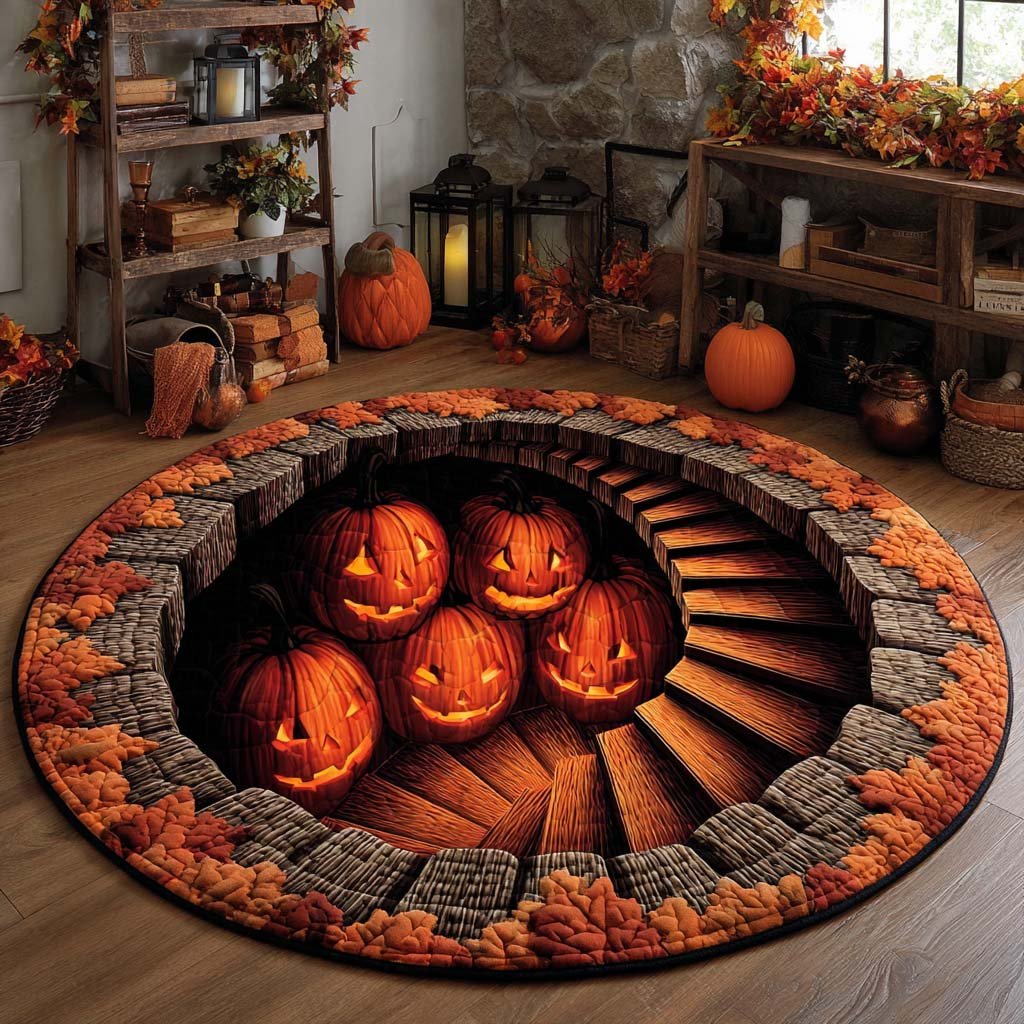 Pumpkin Staircase Illusion Halloween Round Mat Rug - washable non-slip printed rug