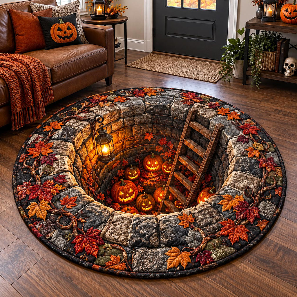 Pumpkin Stone Well Round Mat Rug - Seasonal Design | Festive Home Decor - washable non-slip printed rug