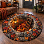 Pumpkin Stone Well Round Mat Rug - Seasonal Design | Festive Home Decor - washable non-slip printed rug