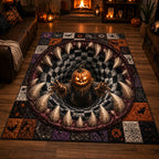 Pumpkin Vortex area rug in a living room