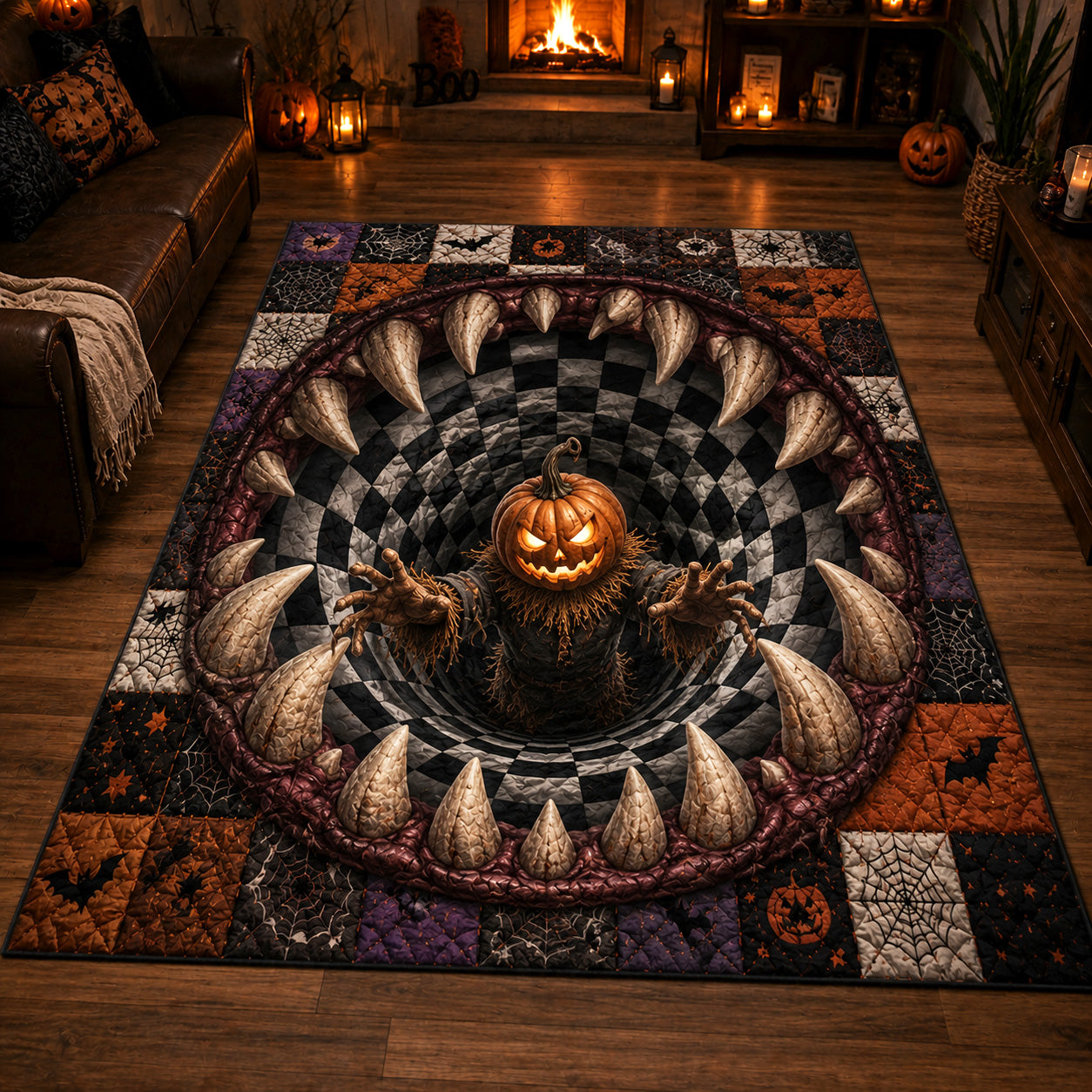 Pumpkin Vortex area rug in a living room