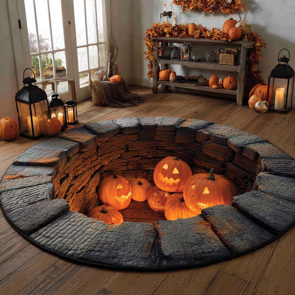 Pumpkin Well Gathering Halloween Round Mat Rug - washable non-slip printed rug