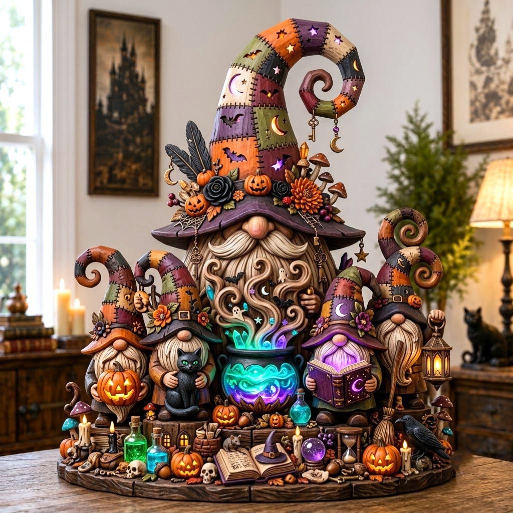 Pumpkin Witch Gnome wooden block, laser-cut 3-layer wood