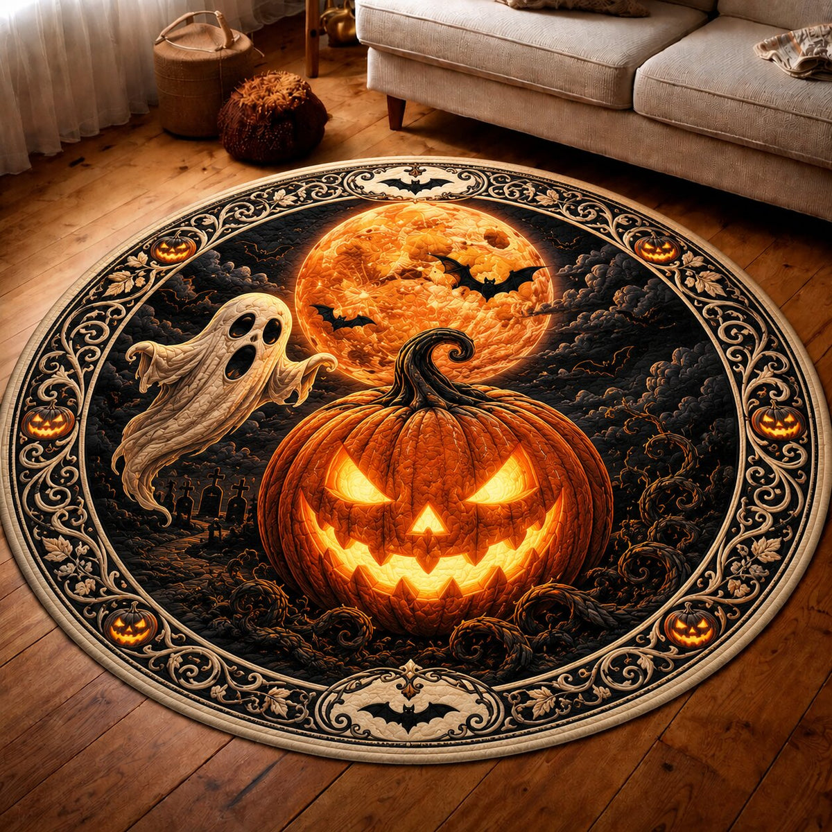 Pumpkin Wonder Round Mat Rug - Seasonal Design | Festive Home Decor - washable non-slip printed rug