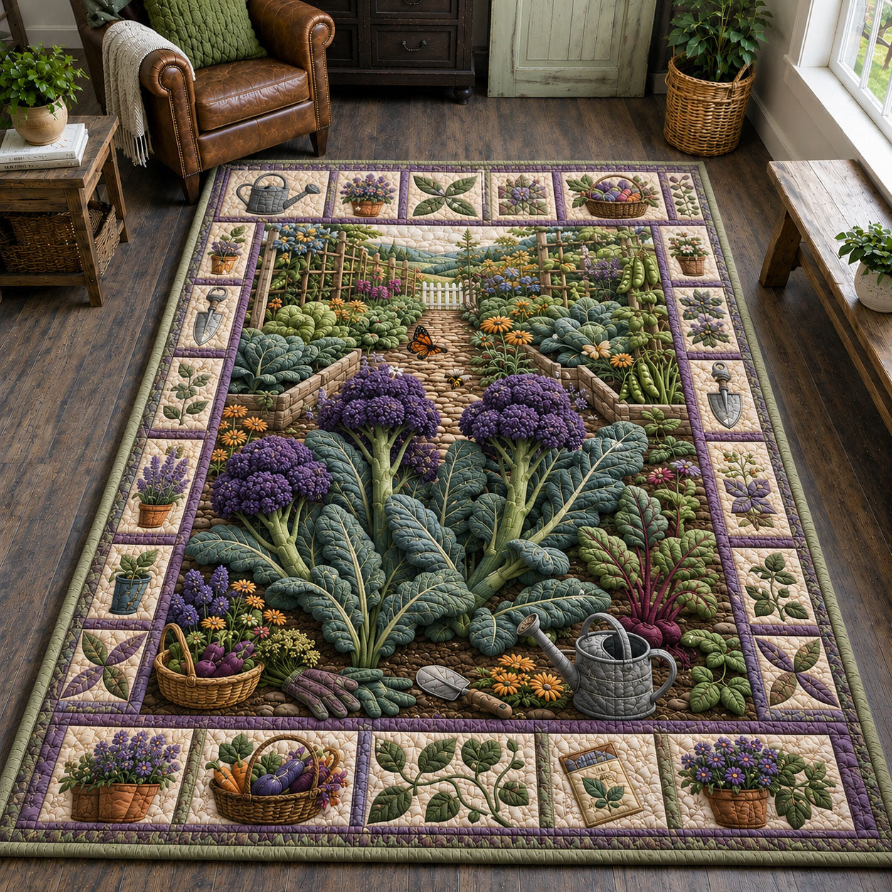 Purple Broccoli Kale Cottage Garden area rug in a living room