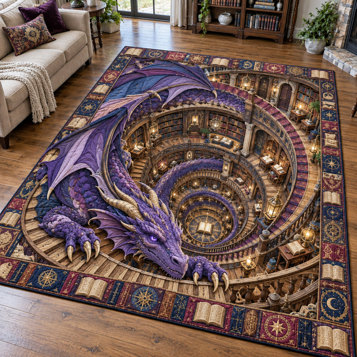 Purple Dragon Magic Library area rug in a living room