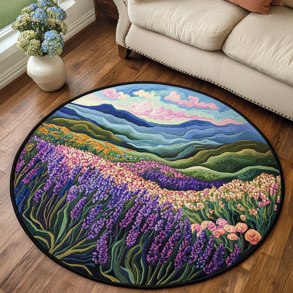Purple Essence Round Mat Rug - washable non-slip printed rug