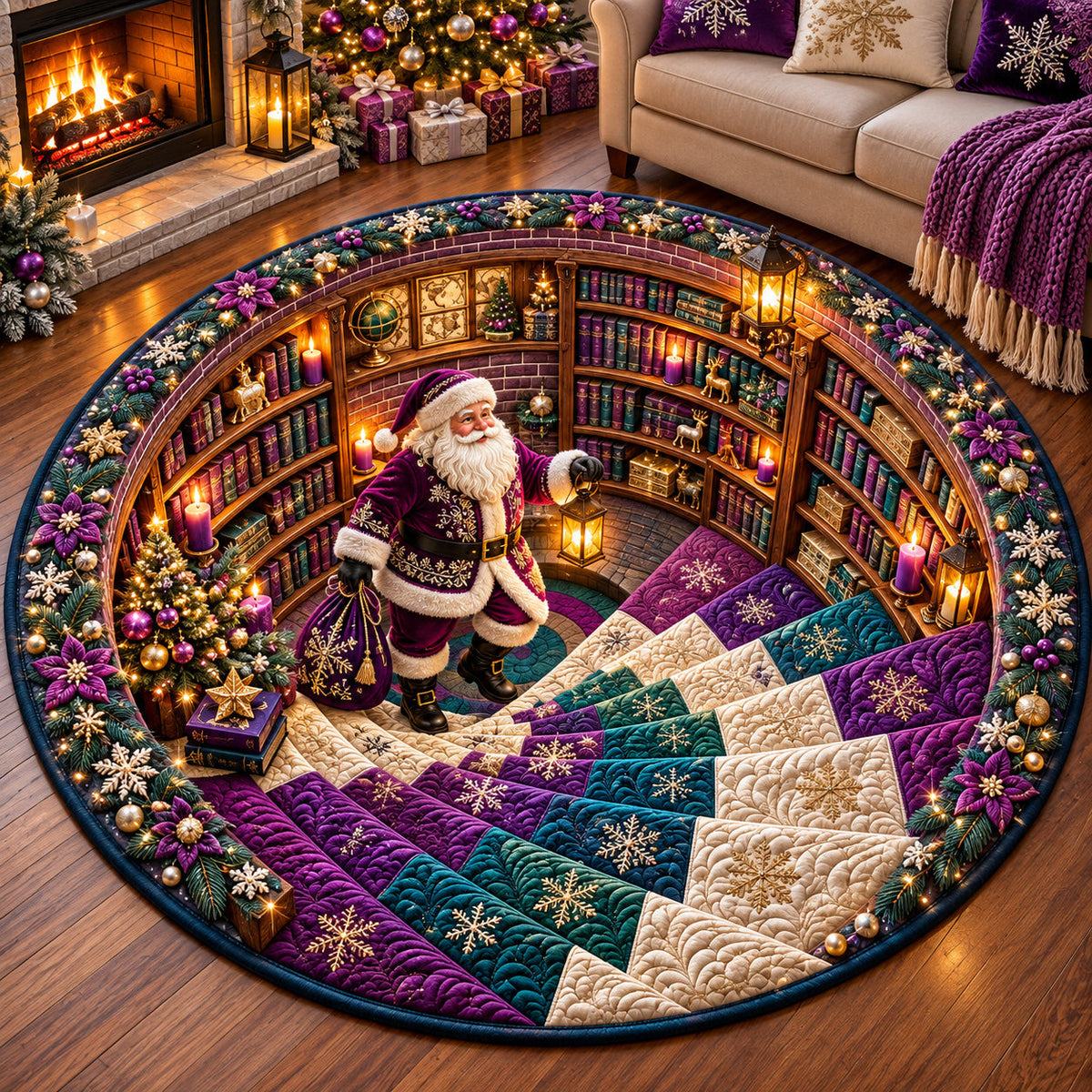 Purple Santa Library Round Mat Rug - Seasonal Design | Festive Home Decor - washable non-slip printed rug