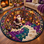 Purple Santa Library Round Mat Rug - Seasonal Design | Festive Home Decor - washable non-slip printed rug