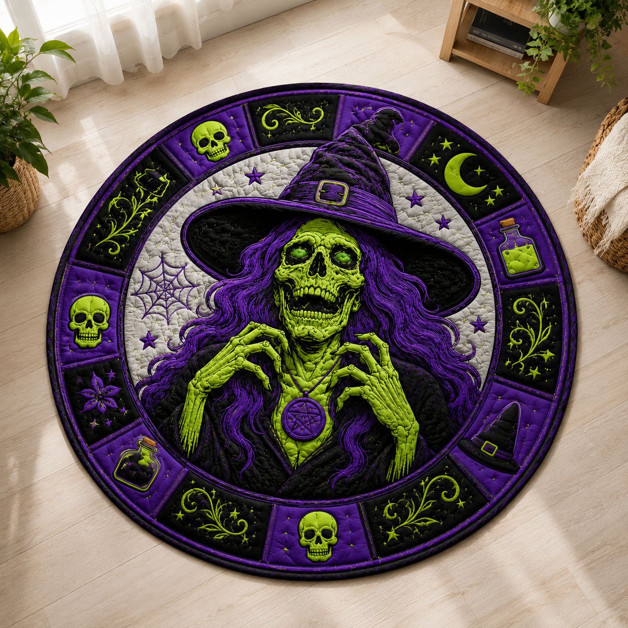 Purple Skeleton Witch Round Mat Rug - Nature Design | Serene Home Decor