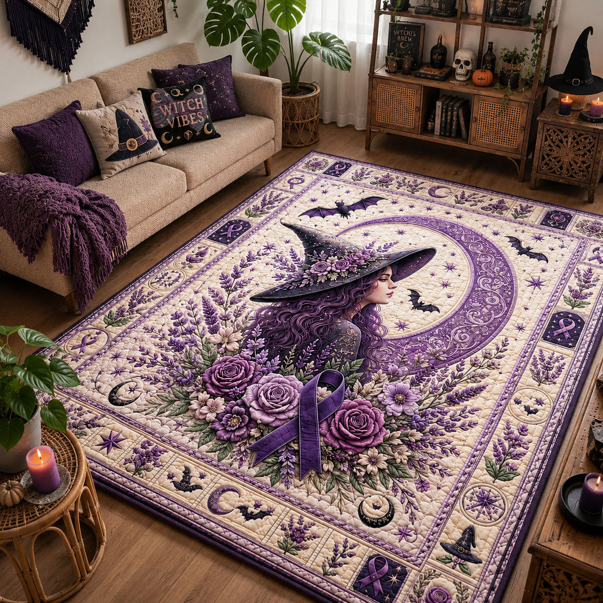 Purple Witch Moon area rug in a living room
