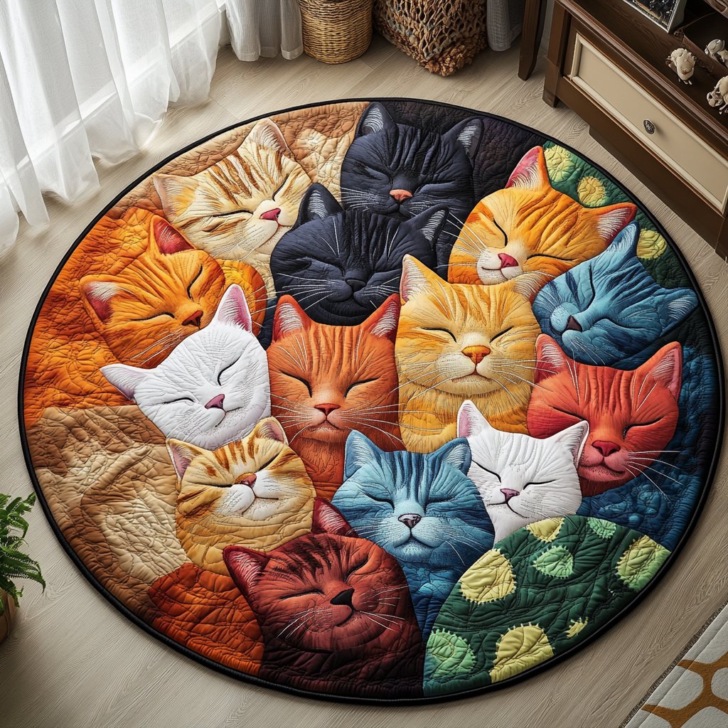 Purrfect Cat Haven Round Mat Rug - washable non-slip printed rug