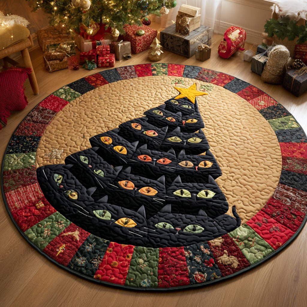Purrfect Christmas Tree Round Mat Rug - washable non-slip printed rug