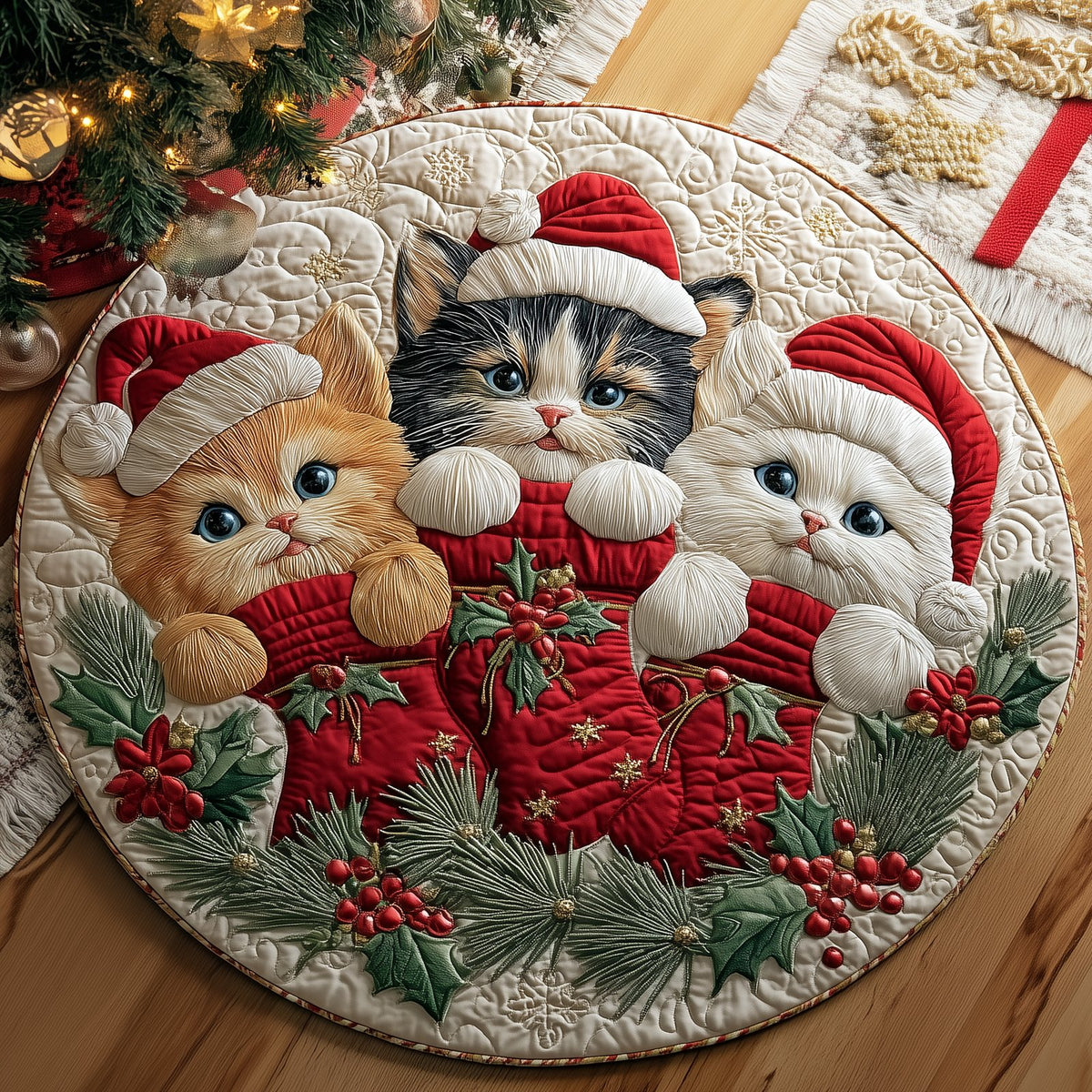 Purrfect Stocking Trio Round Mat Rug - washable non-slip printed rug