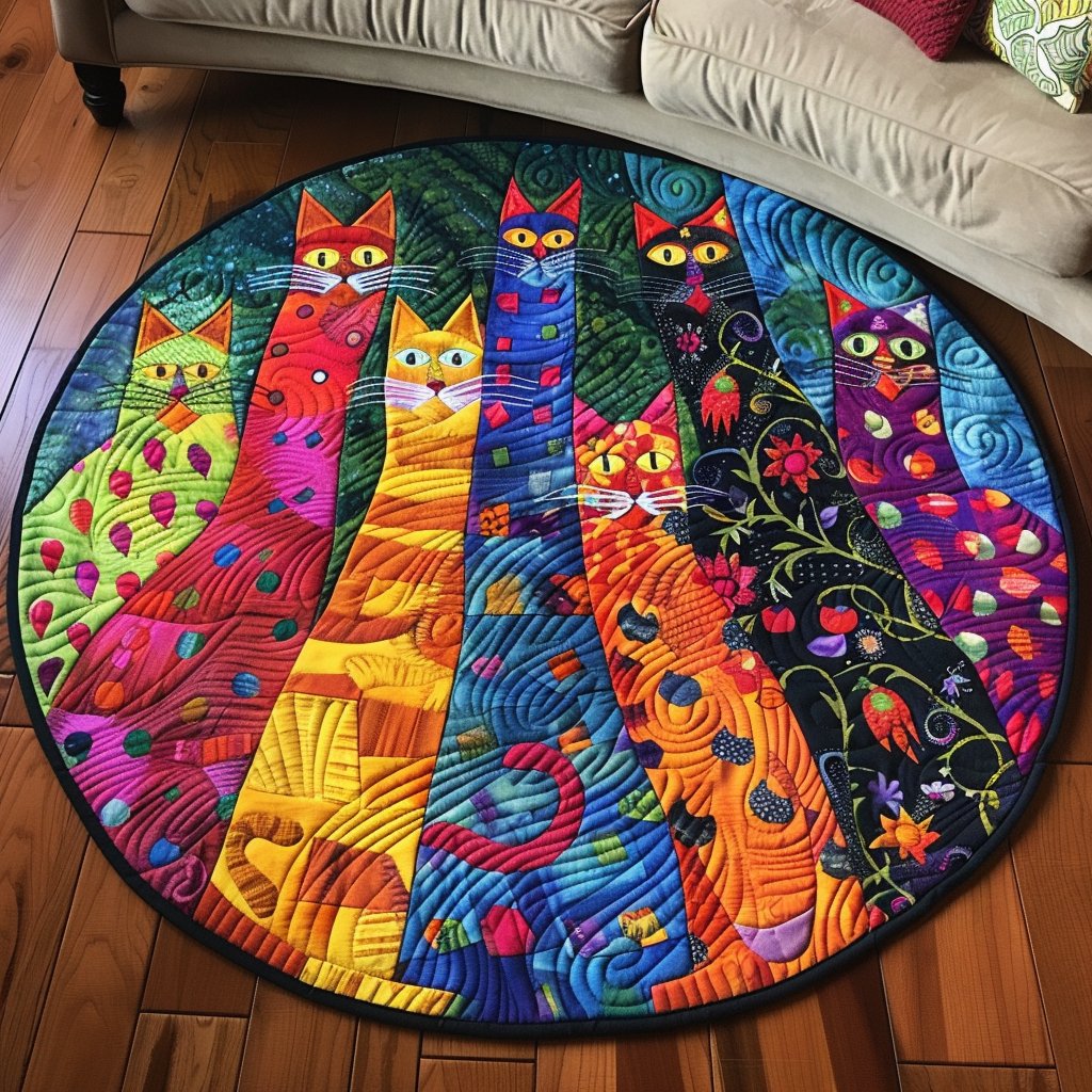 Purrfectly Quirky Round Mat Rug - washable non-slip printed rug