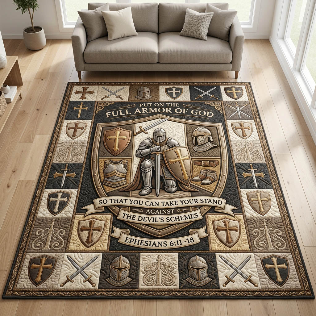 Put On The Full Armor Of God area rug in a living room
