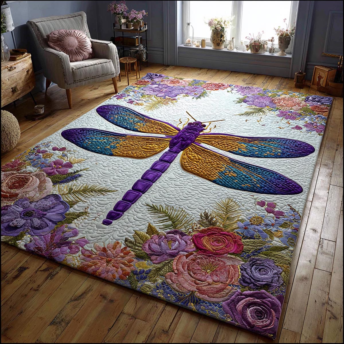 Quiet Dragonfly area rug in a living room