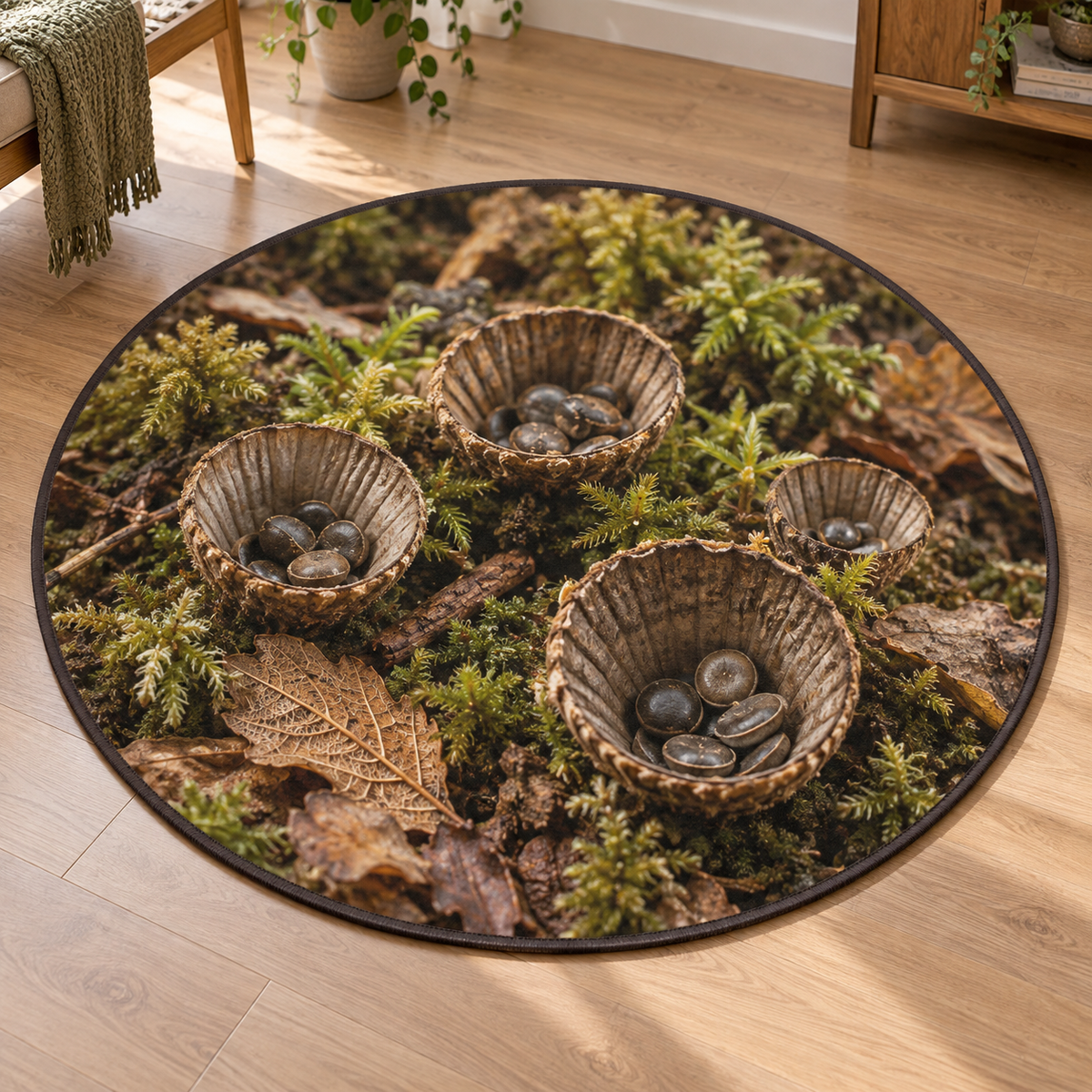Fluted birds nest fungus cups with dark peridioles among moss and leaf litter printed on a circular rug