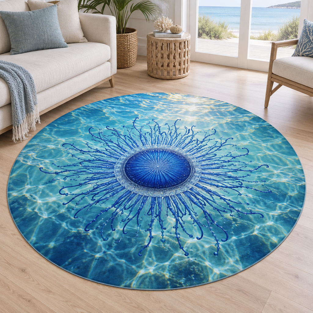 Blue radial hydroid disc and branching fringe above sunlit turquoise water printed on a circular rug