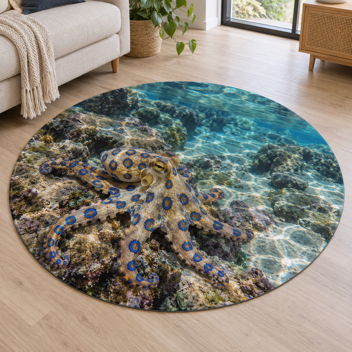 Tan octopus with blue rings in a receding shallow rockpool printed on a flat circular rug