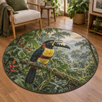 Collared aracari perched on a mossy branch above a receding rainforest canopy printed on a flat circular rug