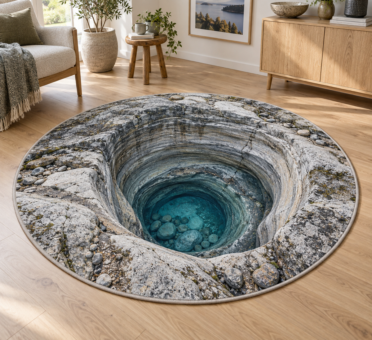 Concentric bedrock walls descending into a turquoise glacial pothole illusion printed on a flat circular rug