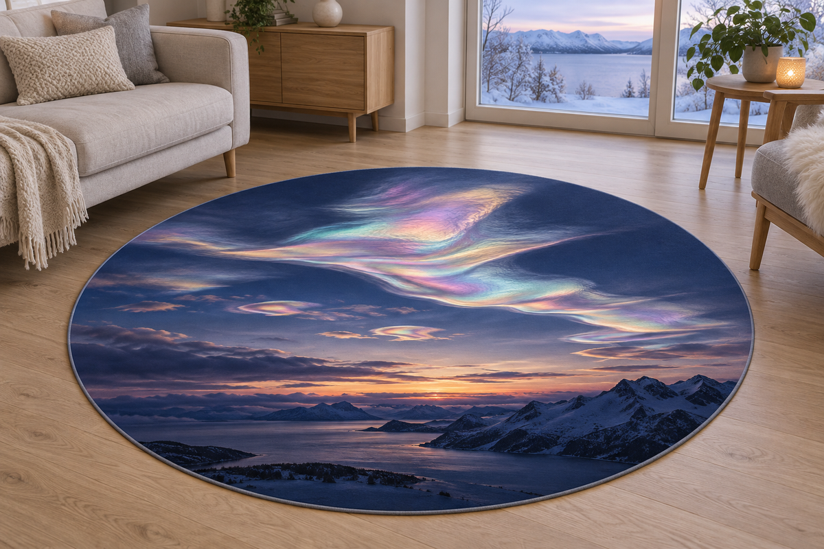 Pearlescent nacreous cloud ribbons above snowy mountains and fjord printed on a complete flat round mat rug