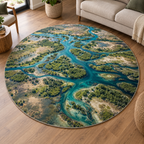 Branching turquoise waterways green islands and sandy floodplain printed on a flat circular rug