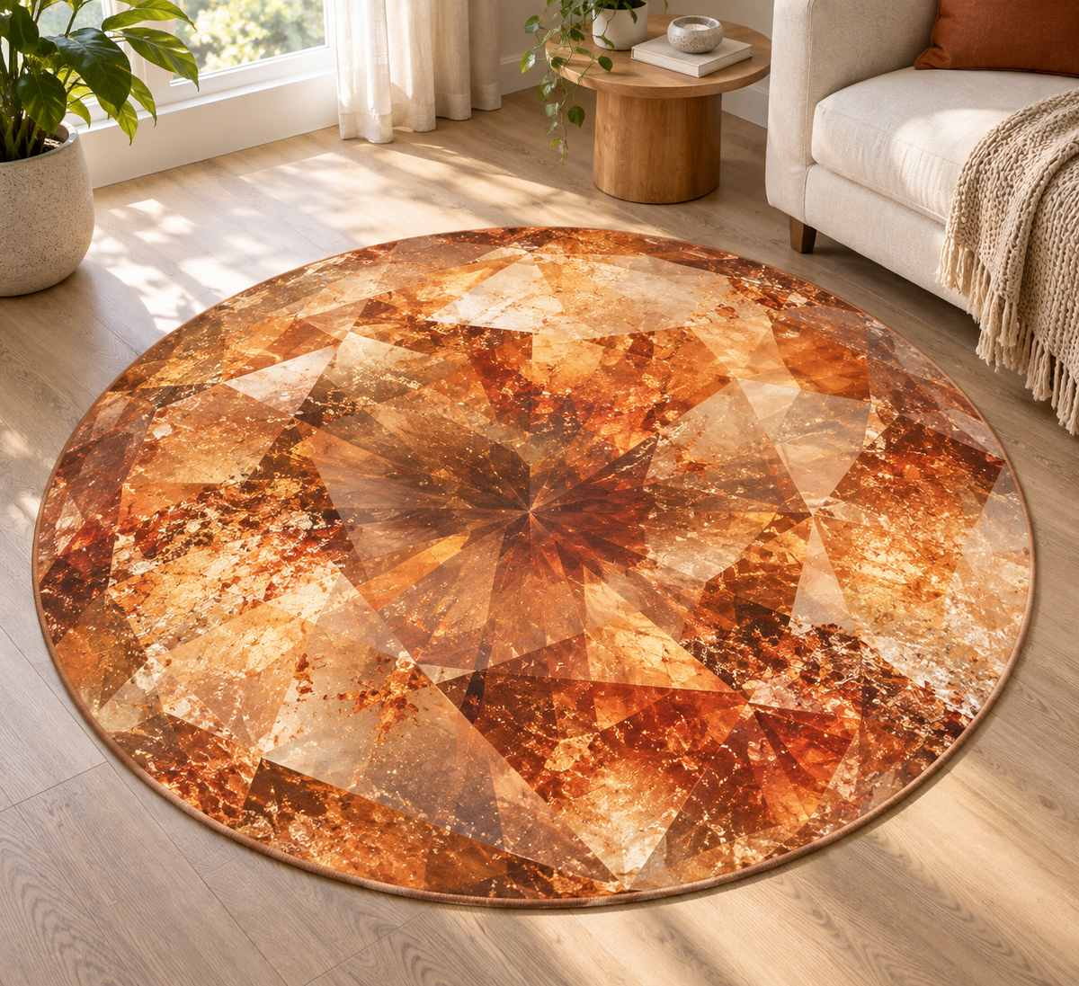 Amber gemstone facets and copper-like flecks printed on a complete circular bound rug in a bright living room