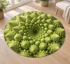 Lime-green Romanesco spiral florets printed on a complete flat circular rug
