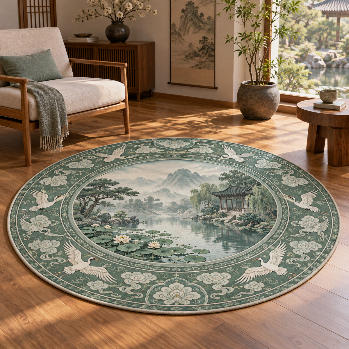 Sanggam-inspired crane border and misty lotus pond pavilion printed on a flat circular rug