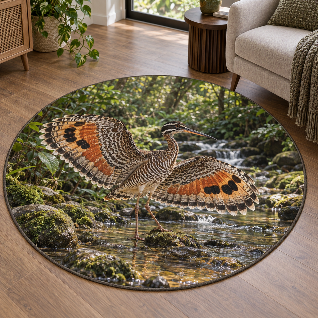 Sunbittern spreading patterned wings over mossy stream rocks and rainforest printed on a circular rug