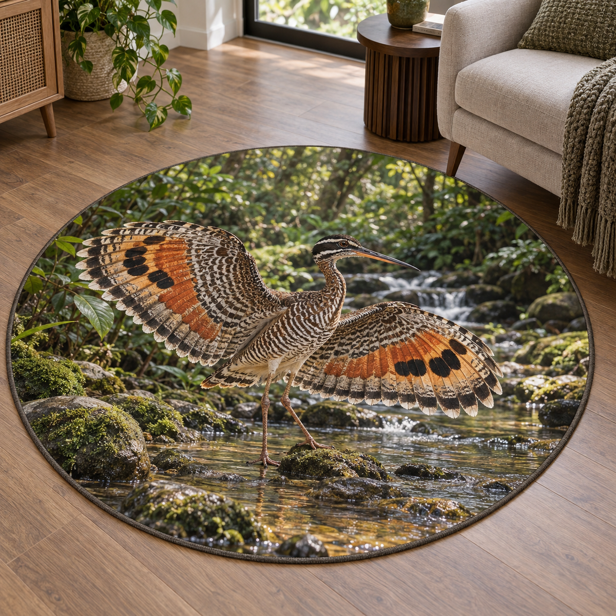 Sunbittern spreading patterned wings over mossy stream rocks and rainforest printed on a circular rug
