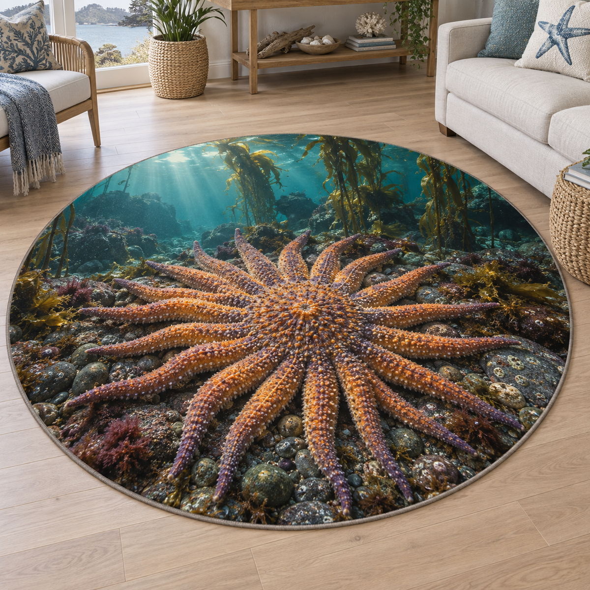 Many-armed sunflower sea star among rocks beneath a receding kelp forest printed on a flat circular rug