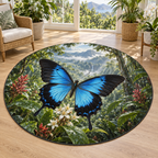 Blue and black Ulysses swallowtail butterfly above blossoms and rainforest cascade printed on a complete round mat rug