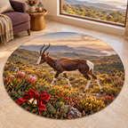 Christmas chocolate bontebok with white blaze and rump in deep Cape grassland printed on a flat round rug