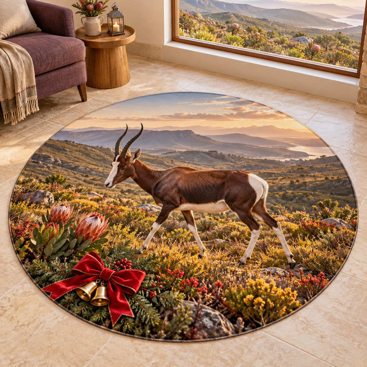 Christmas chocolate bontebok with white blaze and rump in deep Cape grassland printed on a flat round rug