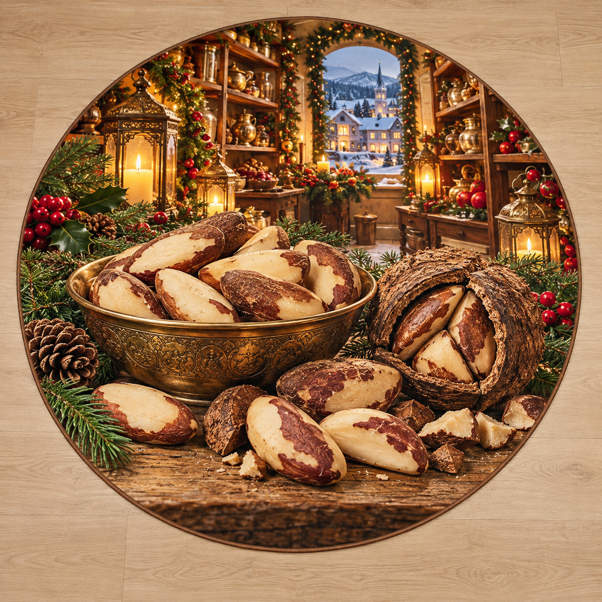 Brazil Nuts and deep Christmas pantry scenery printed on a complete flat rug