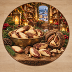 Brazil Nuts and deep Christmas pantry scenery printed on a complete flat rug