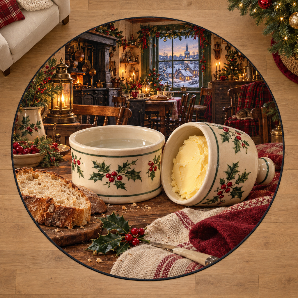Traditional Ceramic Butter Crock with deep Christmas baking kitchen scenery printed on a complete flat rug