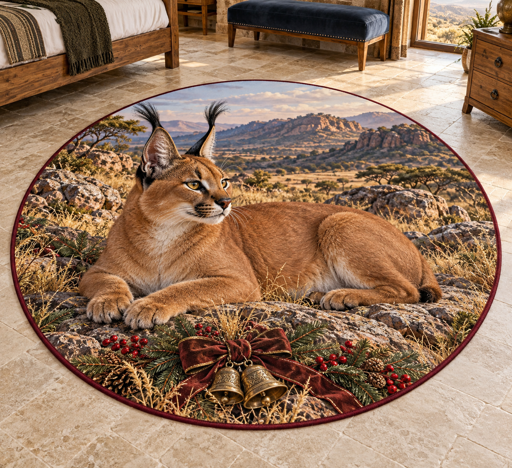 Christmas grey-tan caracal reclining in deep Namib dune scenery printed on a flat round rug