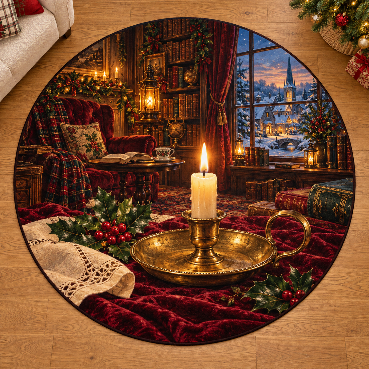 Antique Brass Chamberstick with deep Christmas baking kitchen scenery printed on a complete flat rug
