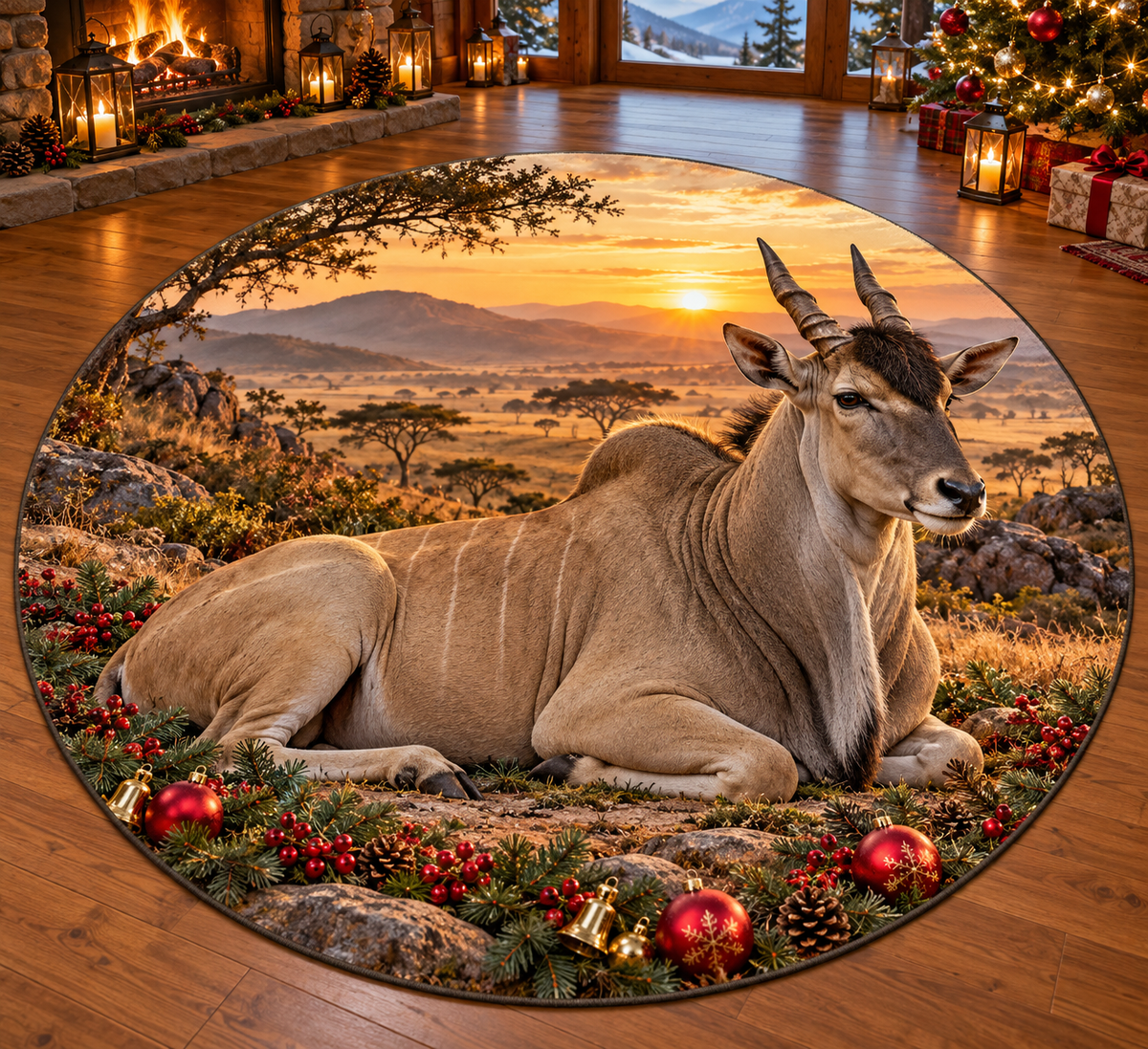 Christmas common eland with layered savanna scenery printed on a complete flat rug